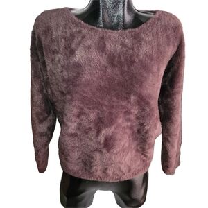 Cyrus Plush Fuzzy Crewneck Sweater  In Brown Size M